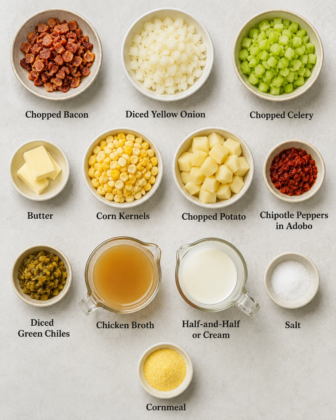 Top-down arrangement of prepped ingredients for corn chowder in small bowls