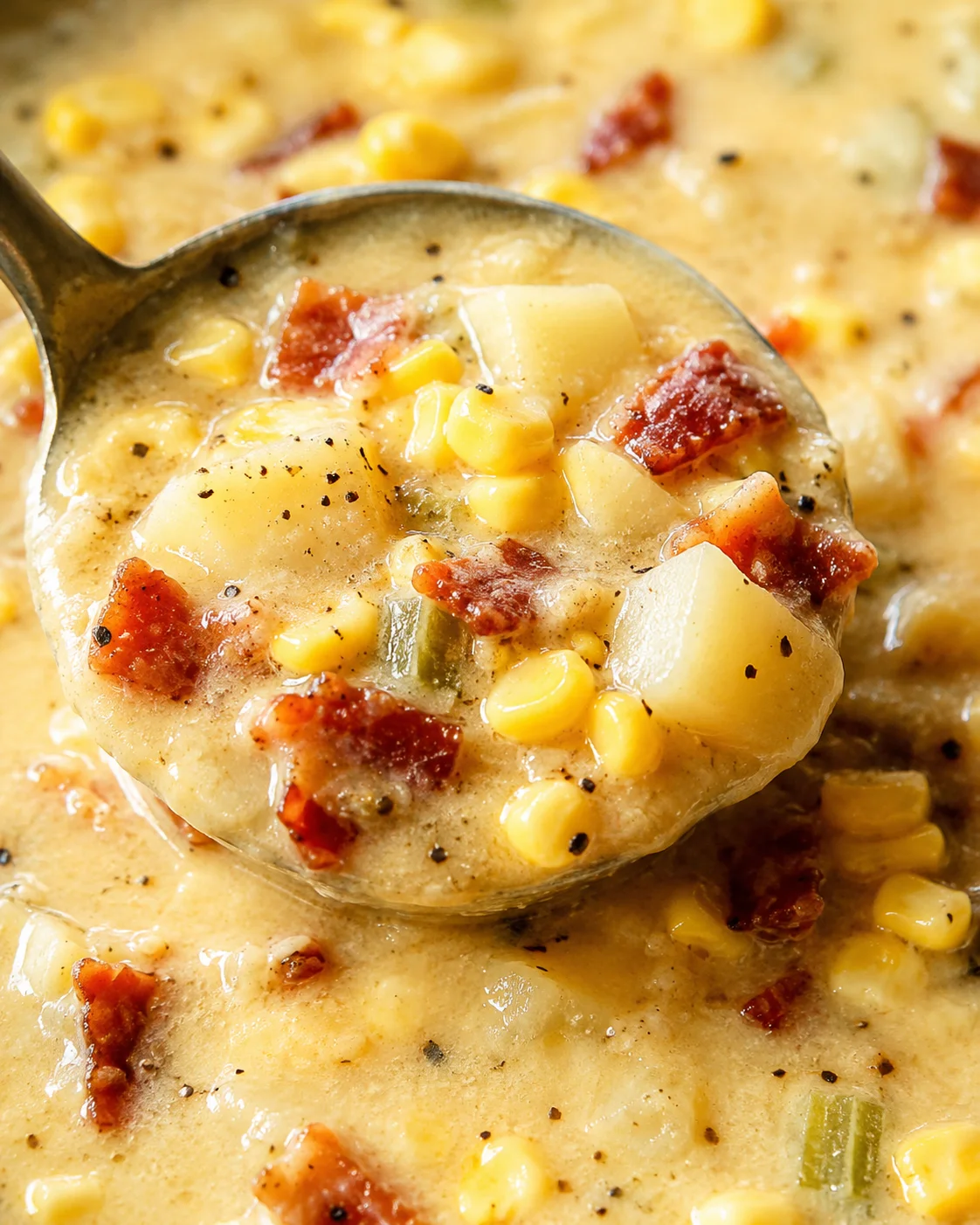 Close-up ladle of corn chowder showing thick creamy texture, corn, potato and bacon