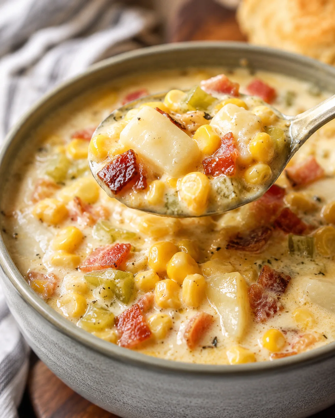 Spoon lifting a bite of corn chowder with potato, corn and bacon over a bowl