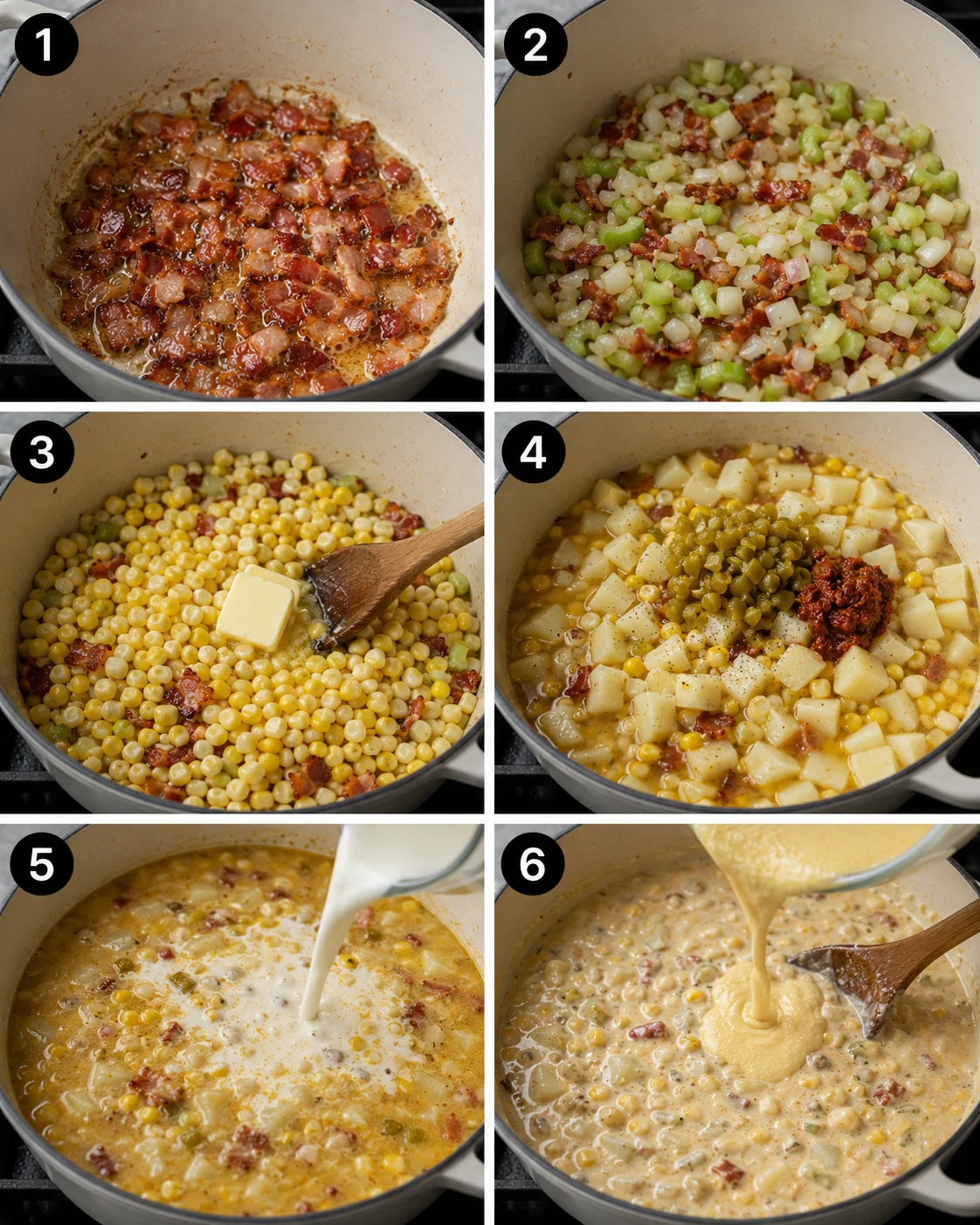 Six-panel collage showing the main cooking steps for corn chowder in a pot