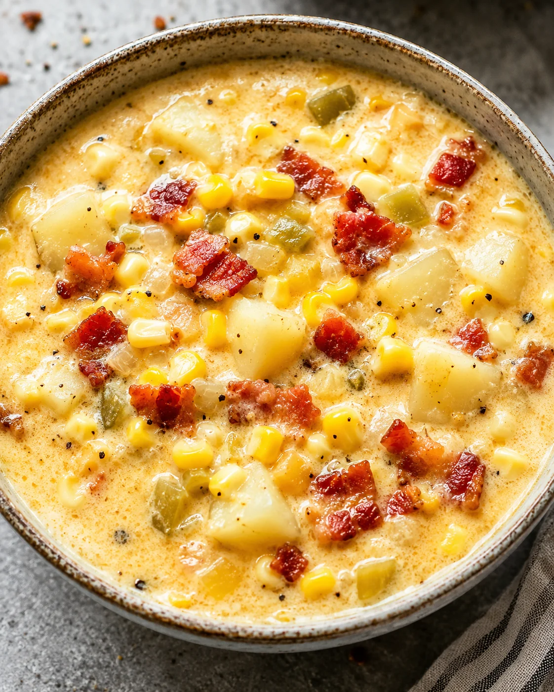 Top-down bowl of corn chowder with potatoes, corn kernels, green chiles and crispy bacon