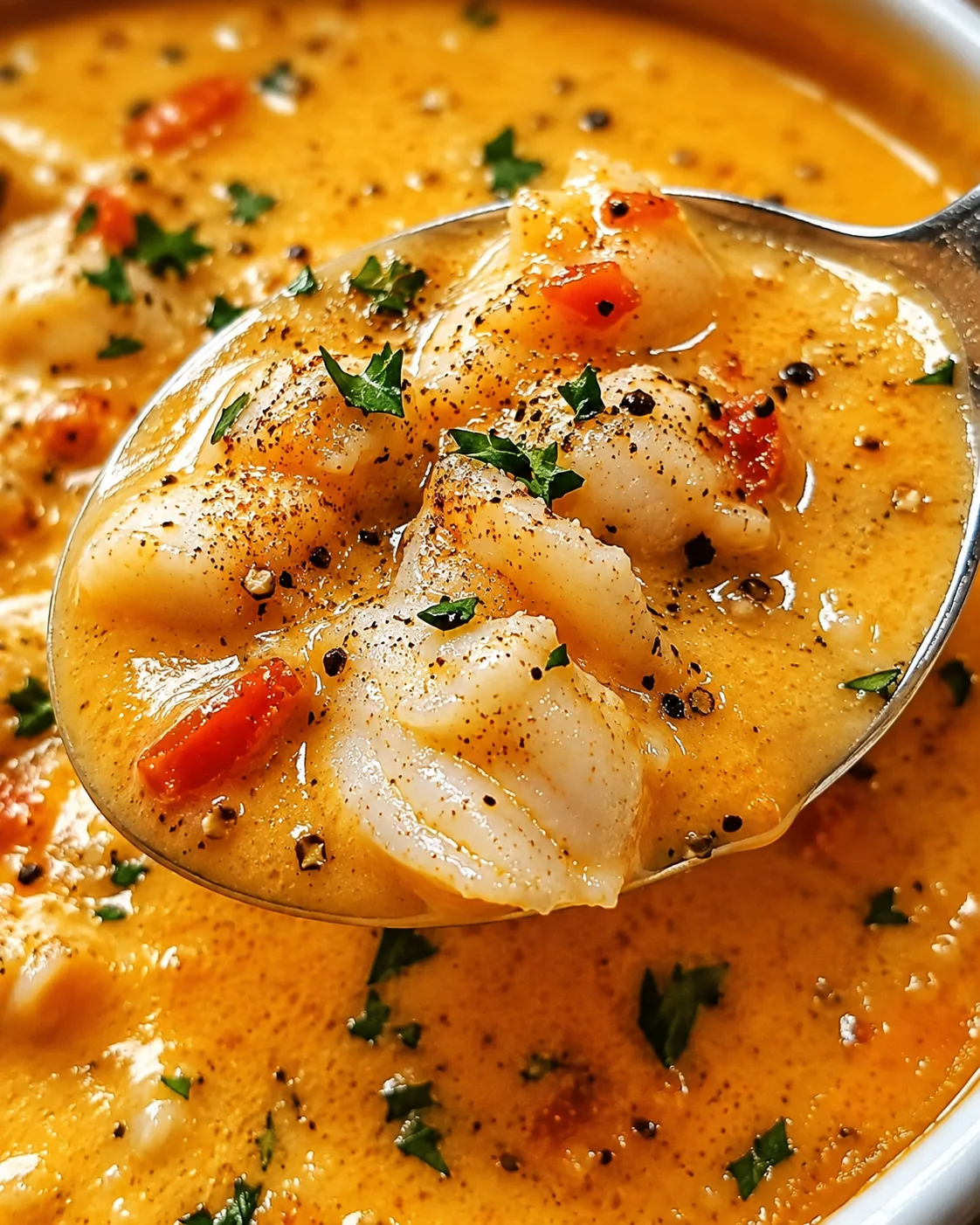 Close-up detail of crab meat and creamy bisque texture on a spoon with herbs