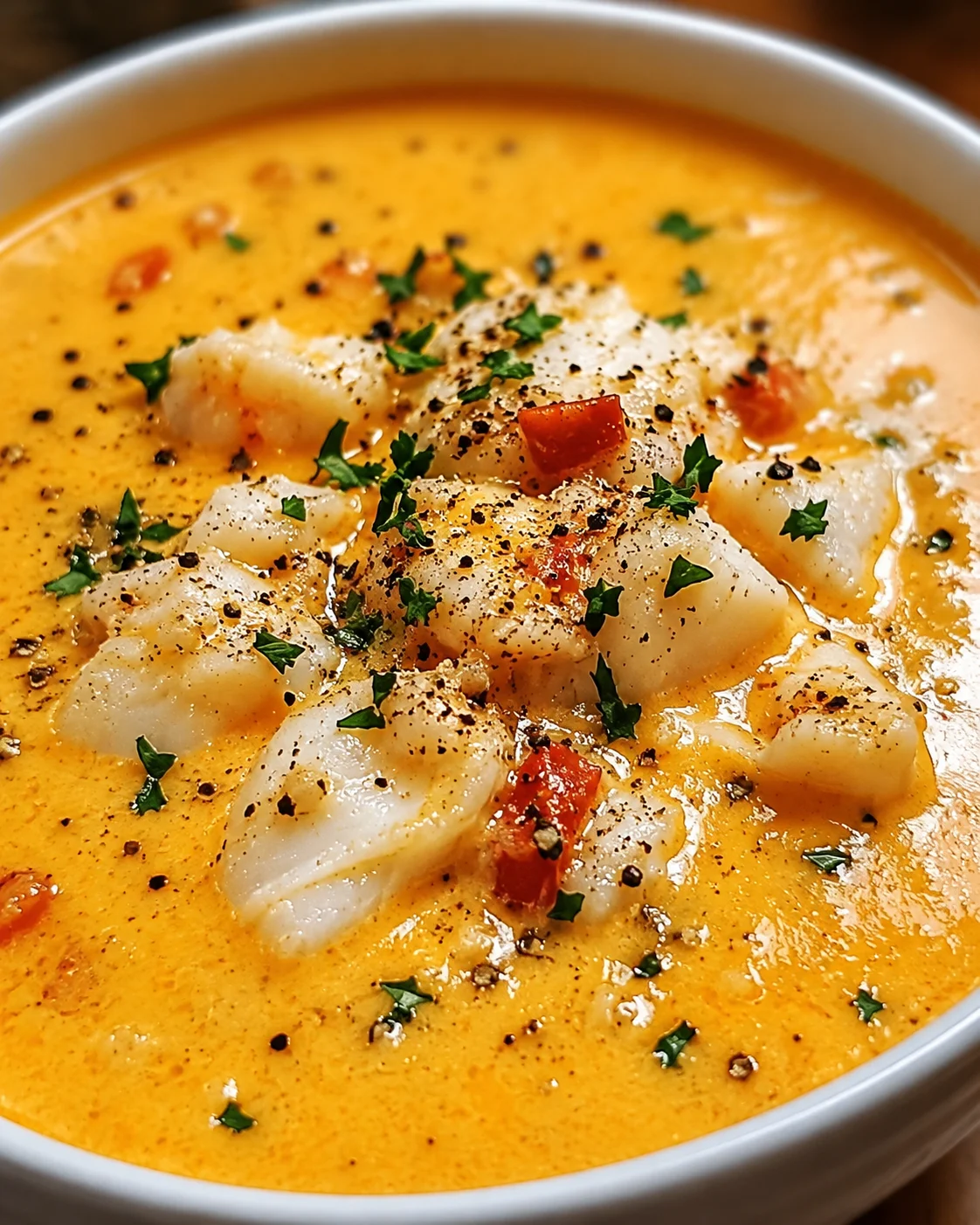 Bowl of creamy crab bisque topped with chunks of crab meat, parsley and cracked pepper