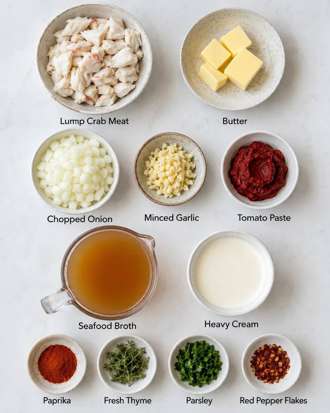 Top-down layout of crab bisque ingredients in small bowls including crab meat, butter, onion, garlic, broth and cream