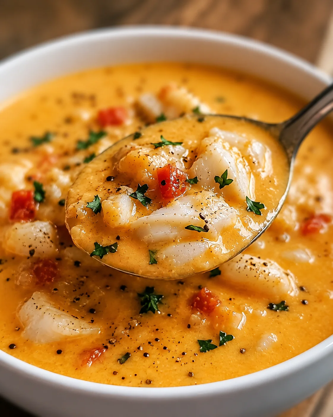 Spoonful of creamy crab bisque with chunks of crab meat and parsley held above a bowl