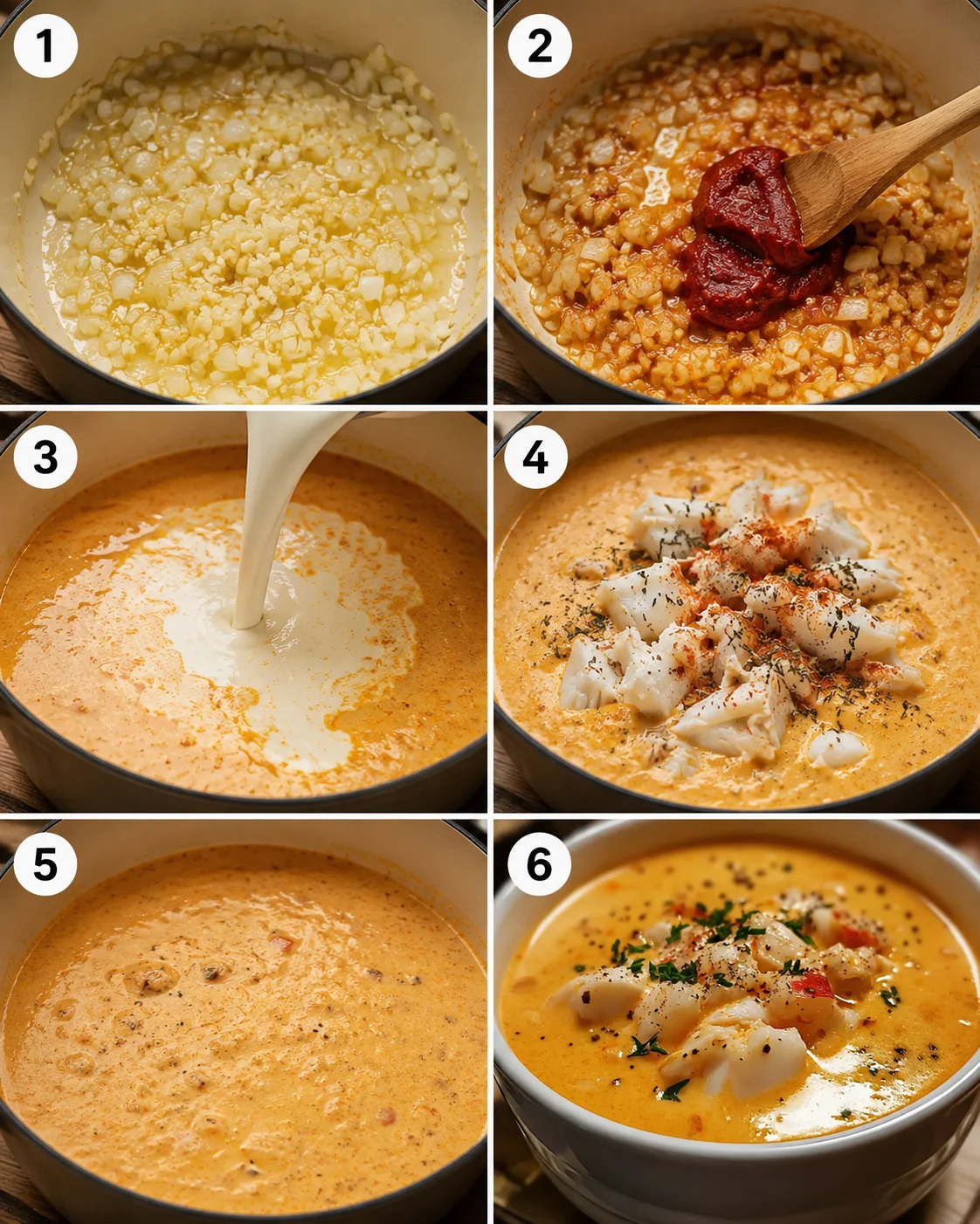 Six-photo collage showing steps of making crab bisque from sautéing aromatics to adding cream and crab