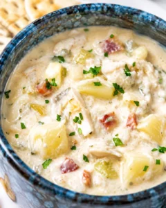 Cream of crab soup in a blue bowl with potatoes, crab meat, bacon and parsley in a creamy broth