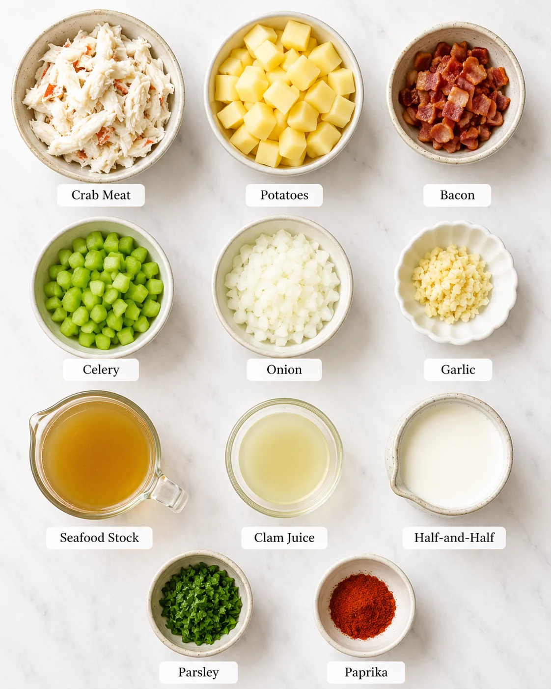 Top-down grid of labeled bowls with crab meat, potatoes, bacon, celery, onion, garlic, stock, clam juice, half-and-half, parsley and paprika