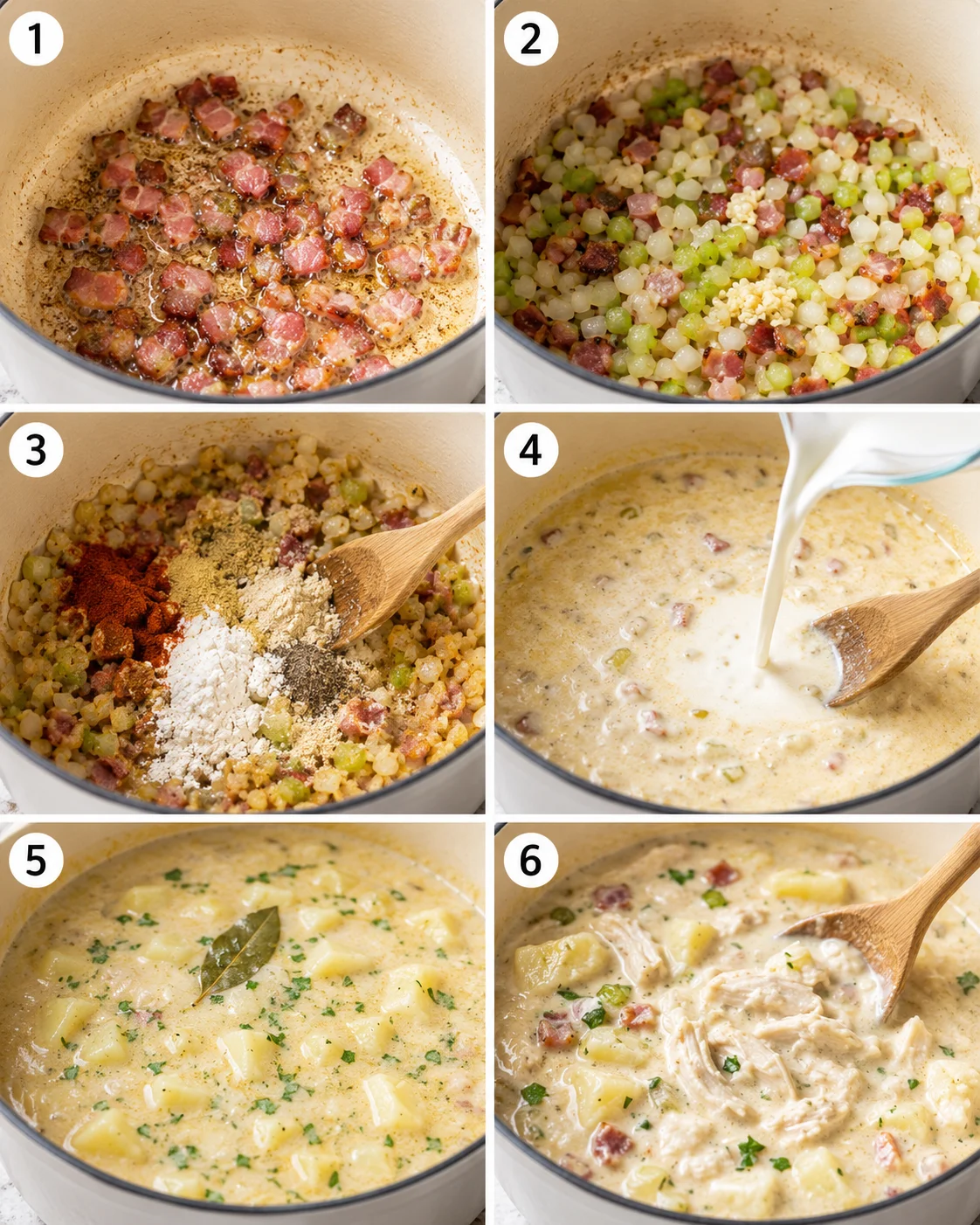 Six-photo collage showing steps: frying bacon, sautéing vegetables, adding spices and flour, pouring cream, simmering potatoes and stirring in crab