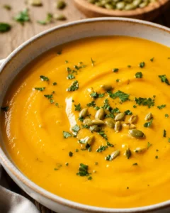 overhead view of creamy butternut squash soup garnished with pepitas and parsley