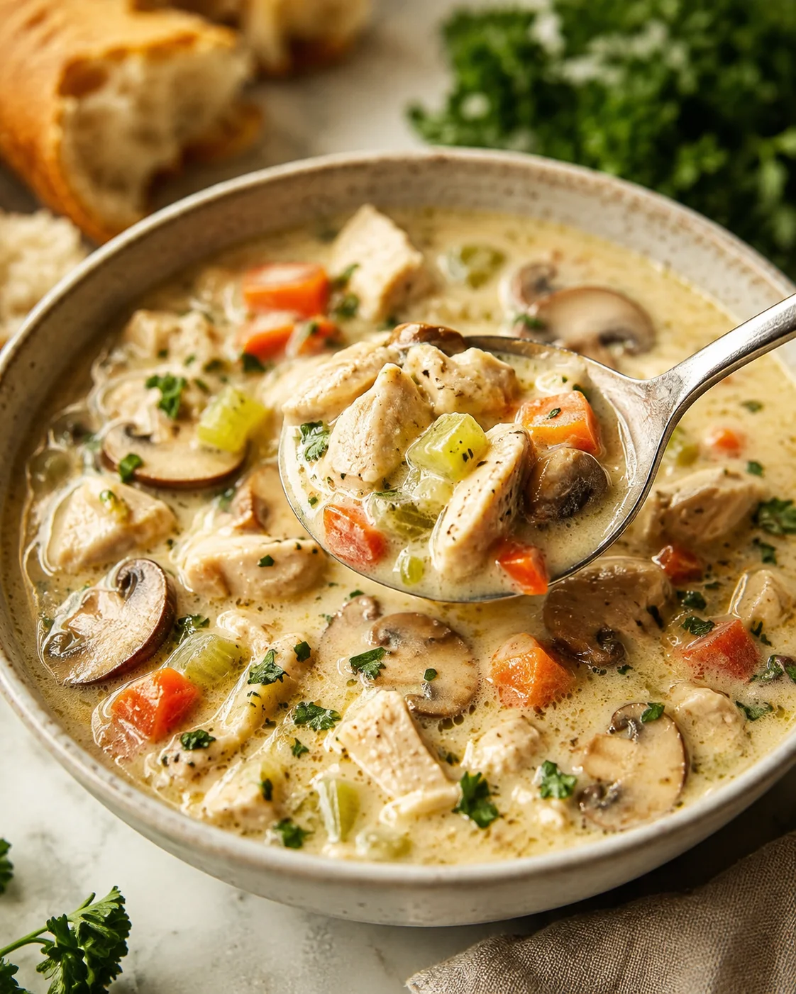Bowl of creamy chicken and mushroom soup with a spoon lifting a spoonful
