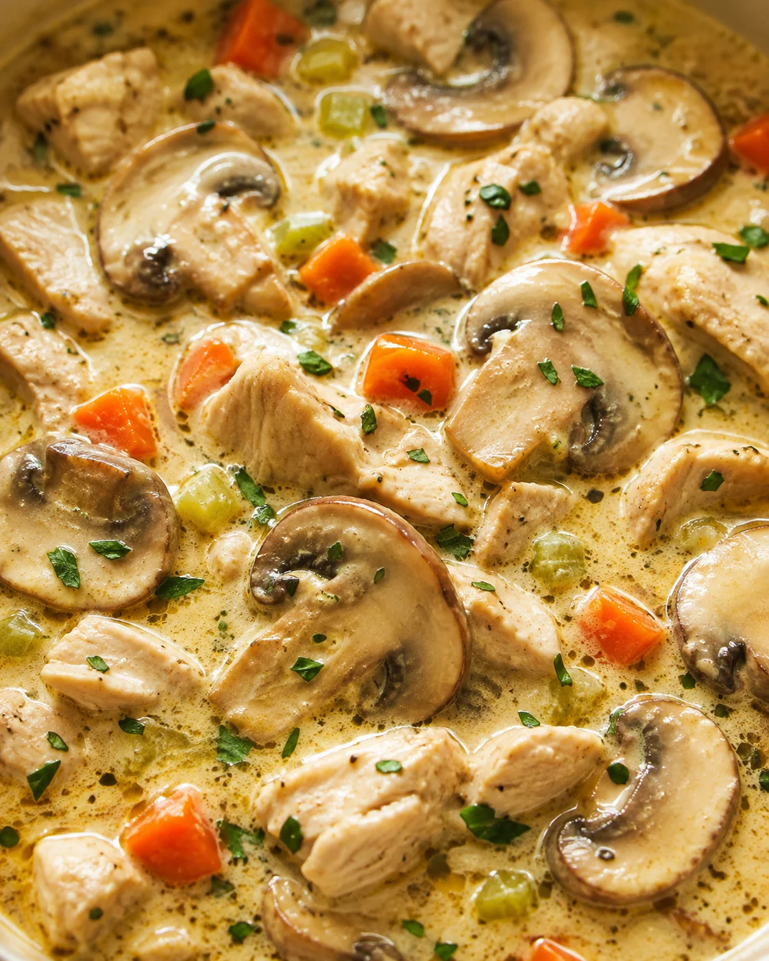 Close-up detail of creamy chicken and mushroom soup showing mushroom slices and chicken pieces