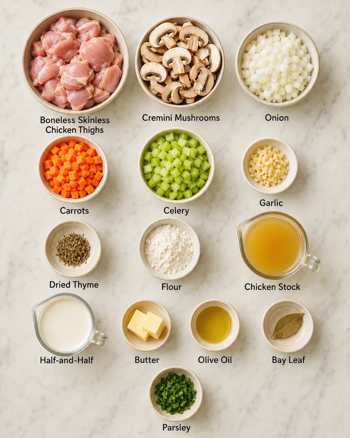 Top-down arrangement of prepped ingredients for creamy chicken and mushroom soup in small bowls