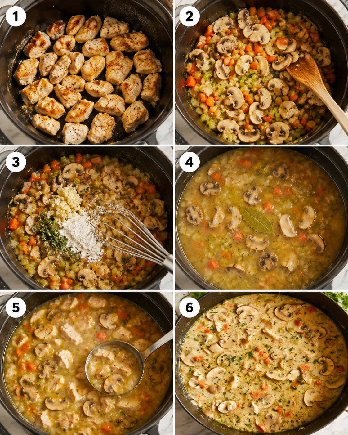 Six-photo collage showing the step-by-step process of cooking the creamy chicken and mushroom soup