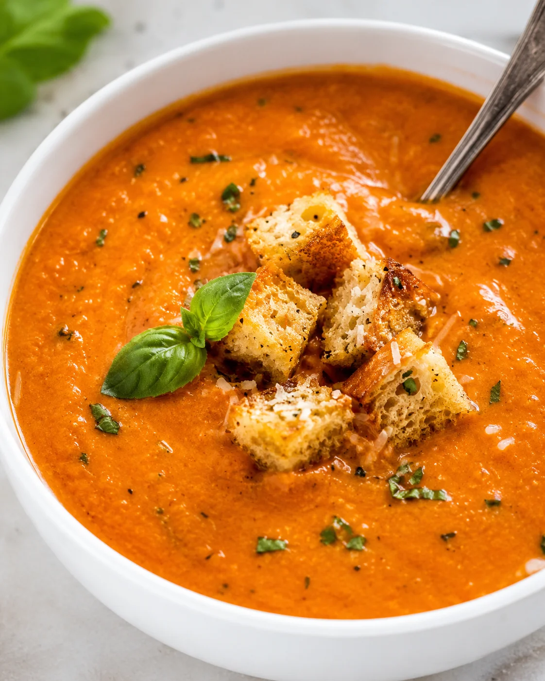 Bowl of creamy tomato basil soup topped with croutons and fresh basil