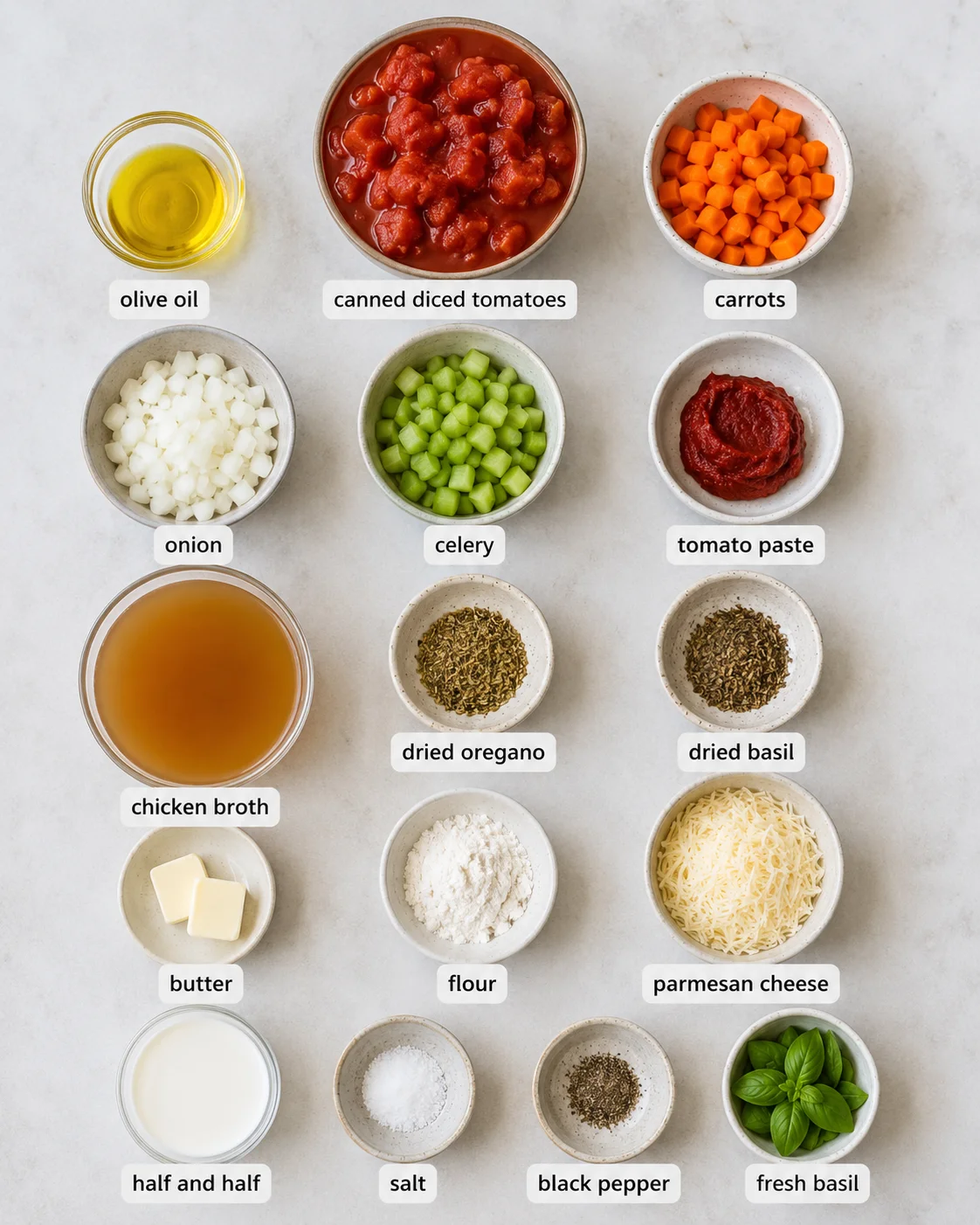 Top-down arrangement of ingredients for creamy tomato basil soup in bowls and dishes