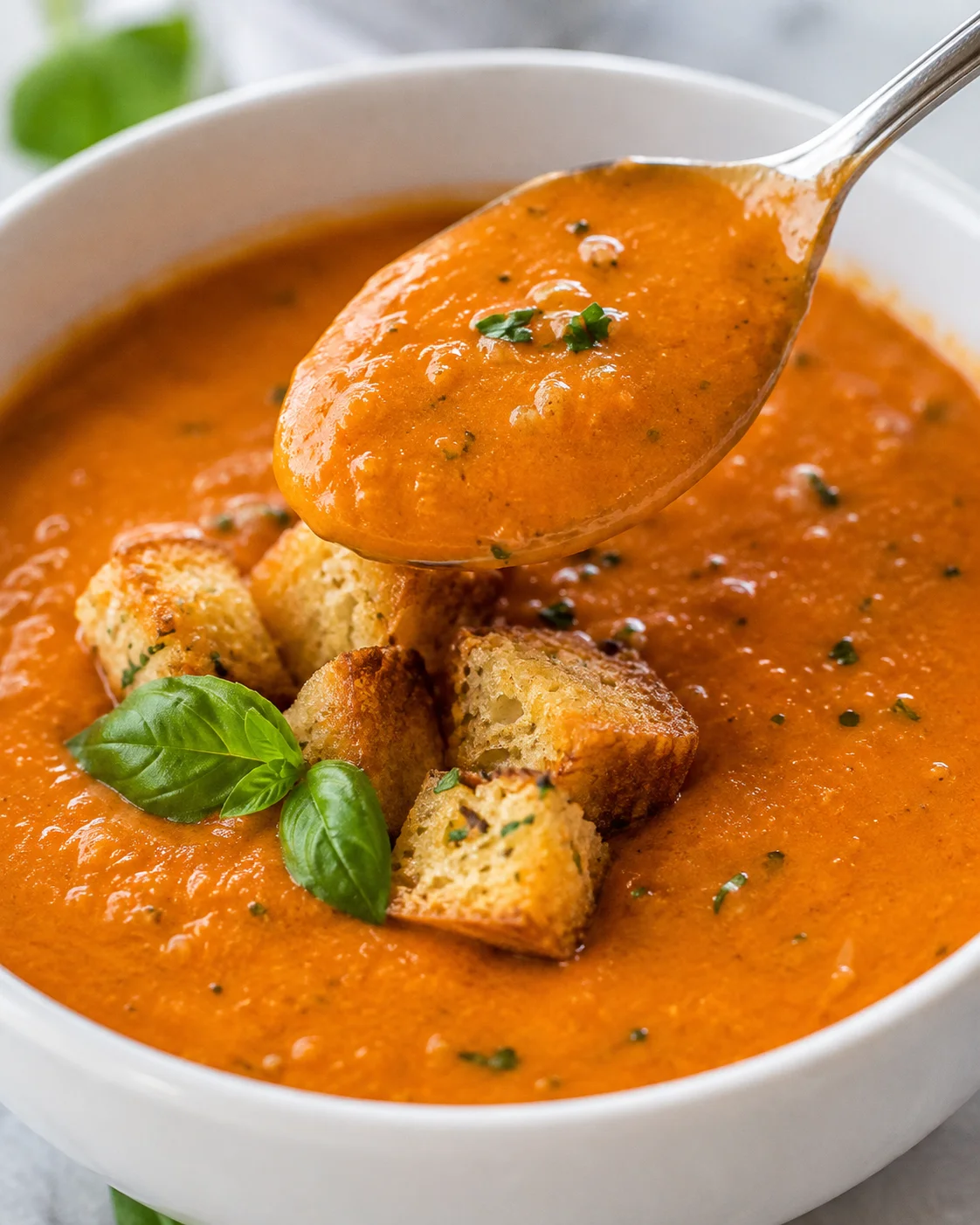 Spoon lifting a spoonful of creamy tomato basil soup above a bowl with croutons and basil