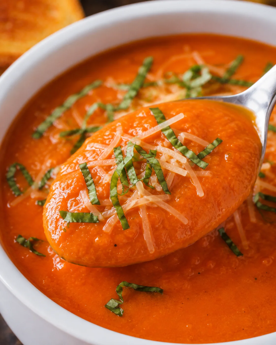 Close-up detail of a spoonful showing the creamy texture of tomato soup topped with parmesan and basil