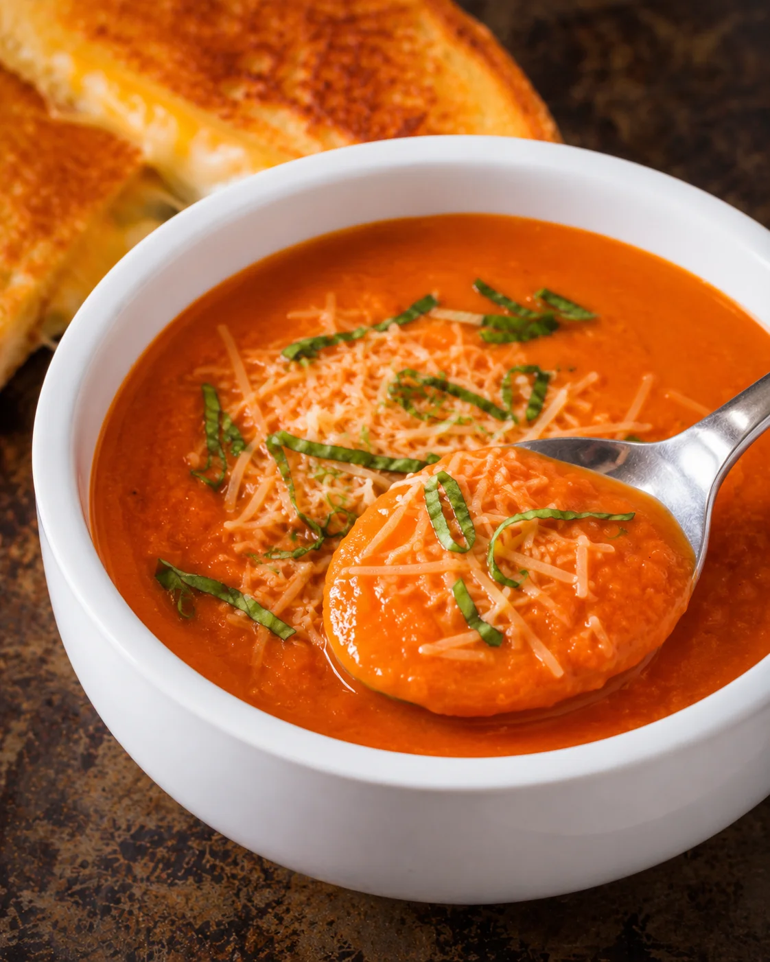 Side view of a spoon lifting creamy tomato soup from a bowl with grated cheese and basil, grilled cheese in background
