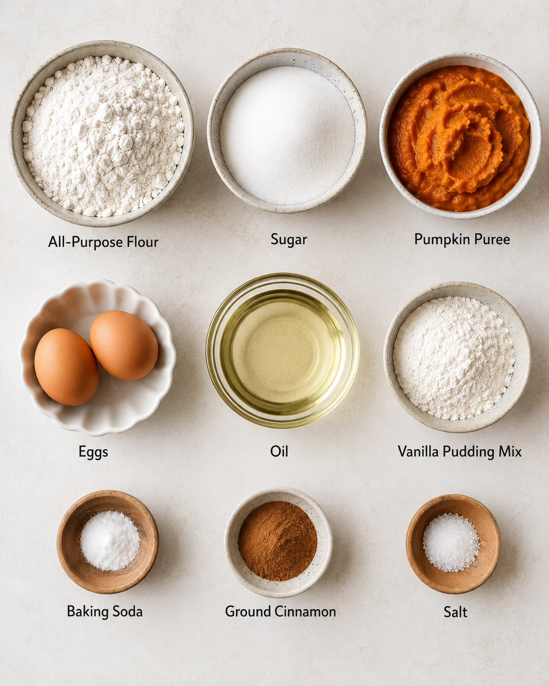 Ingredients for moist and flavorful pumpkin bread with vanilla pudding and spices.
