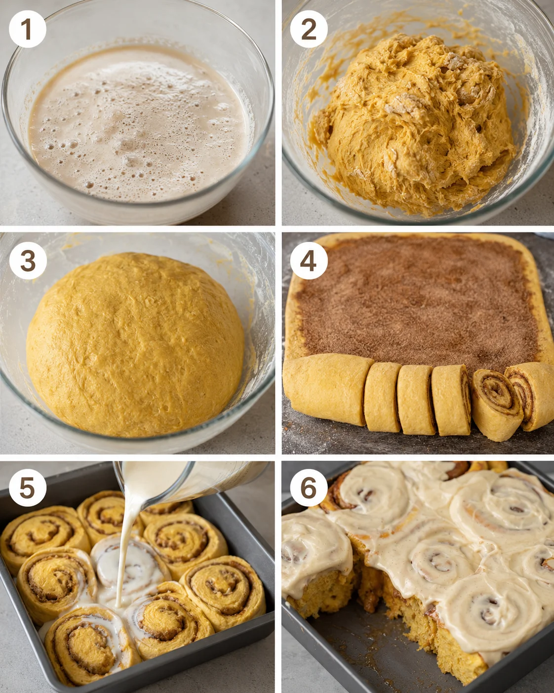 Step-by-step process of making fluffy pumpkin cinnamon rolls with frosting.