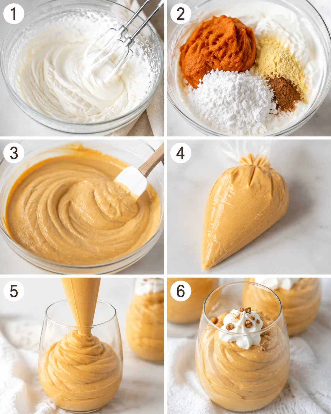 Creamy pumpkin fluff dessert served in a glass with whipped topping and pecans.