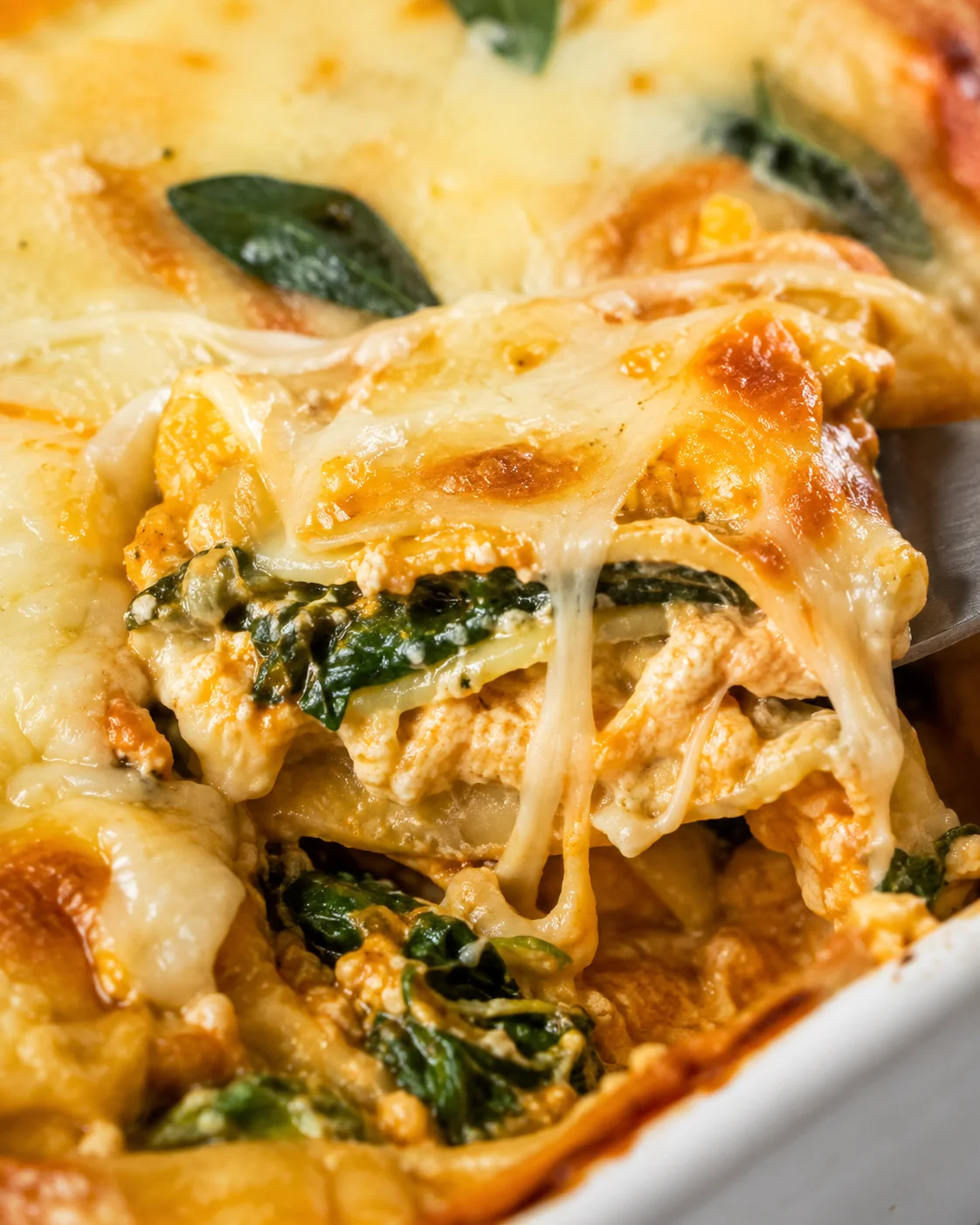 Close-up of a cheesy, layered vegetarian pumpkin spinach lasagna dish