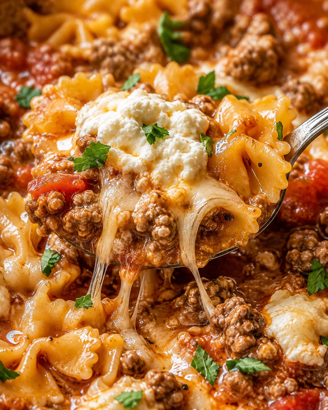 Close-up detail of cheese pull and ricotta on lasagna soup