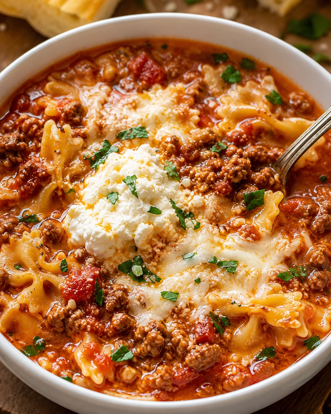 Bowl of easy lasagna soup topped with ricotta and parsley
