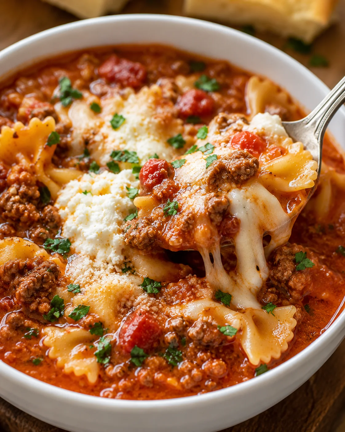 Spoon lifting a cheesy bite of lasagna soup with melted mozzarella