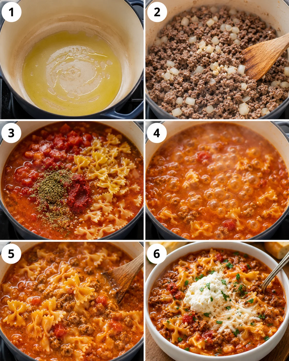 Six-panel sequence of lasagna soup cooking steps in a pot