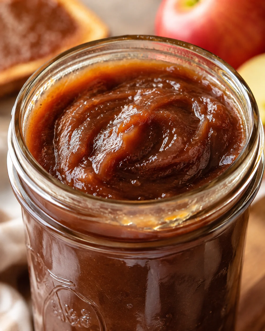 A jar of rich, caramelized apple butter with apples and bread in the background.