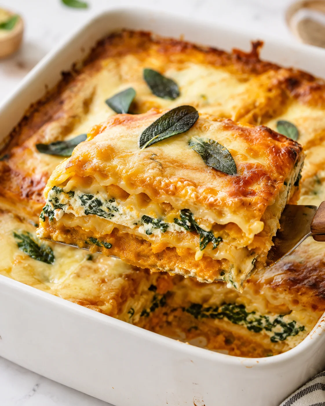 Delicious layered pumpkin and spinach lasagna with melted cheese on top.