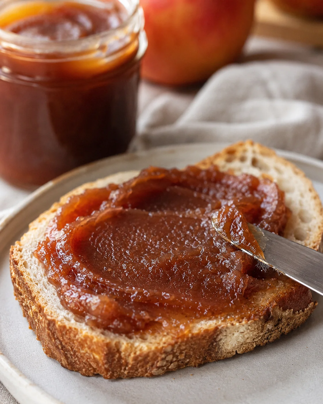 A slice of bread topped with rich, homemade apple butter served with stacked jars