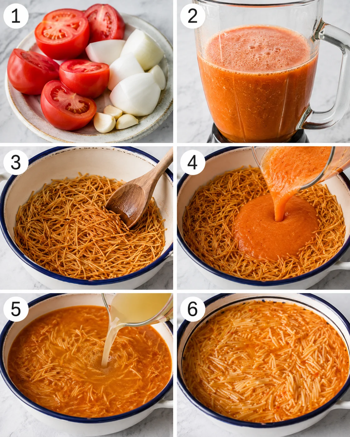 Six-step collage showing preparing, blending, toasting pasta, adding sauce, pouring stock, and finished fideo soup