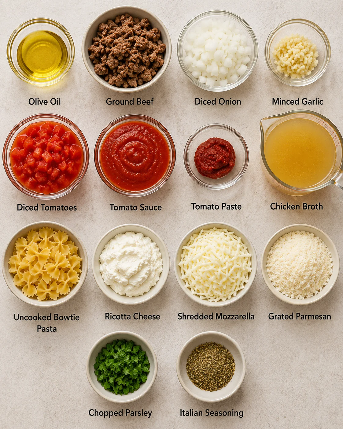 Top-down layout of ingredients for lasagna soup with labels