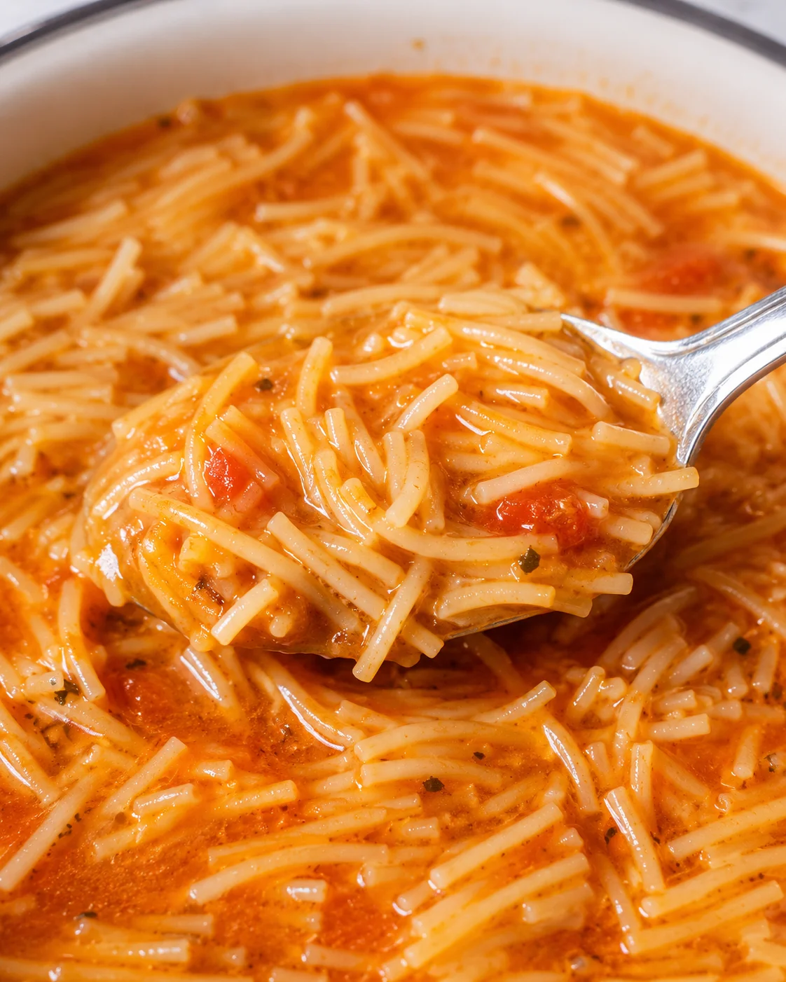 Close-up of fideo noodles and tomato broth in Mexican fideo soup