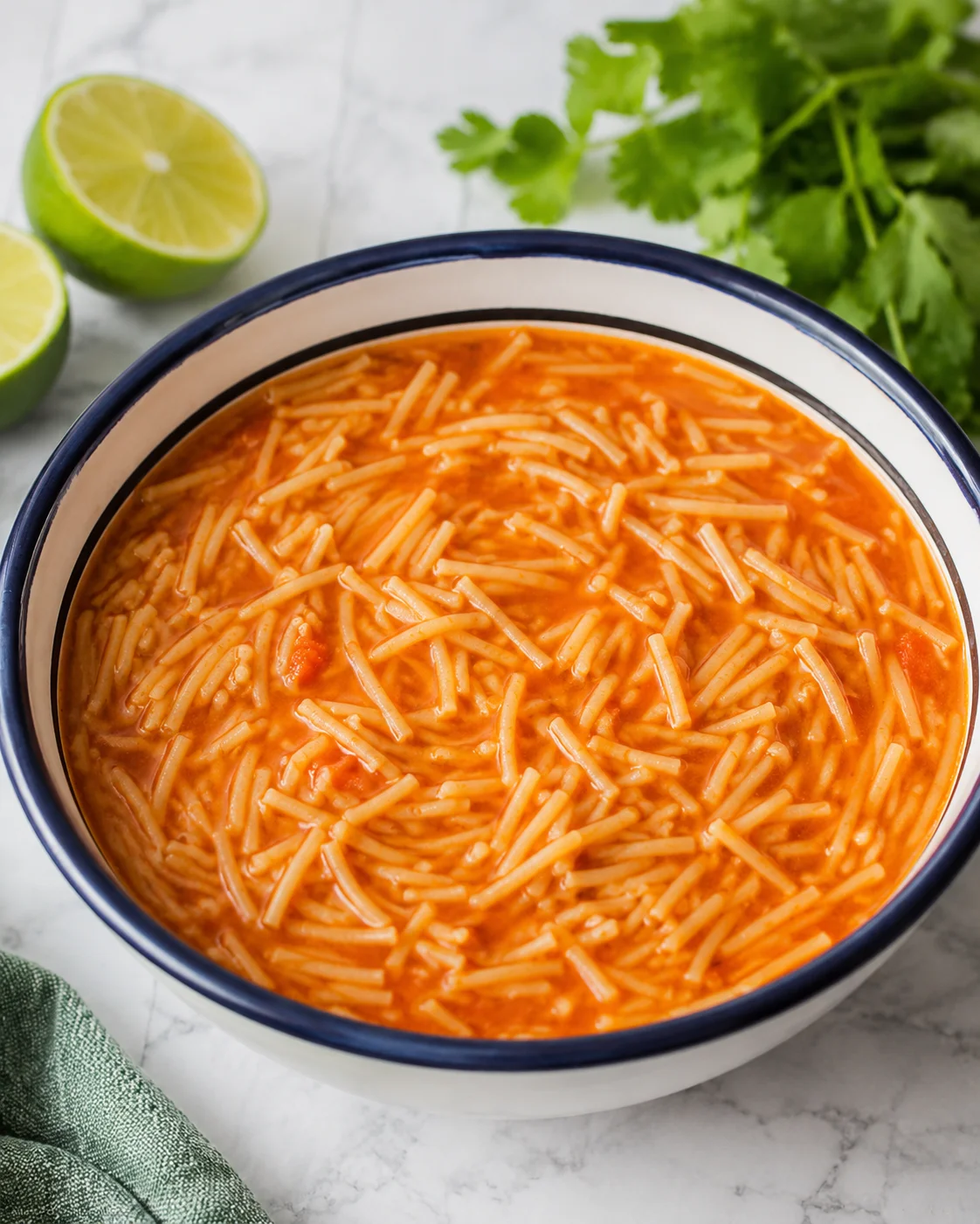 Bowl of Mexican fideo soup with lime and cilantro