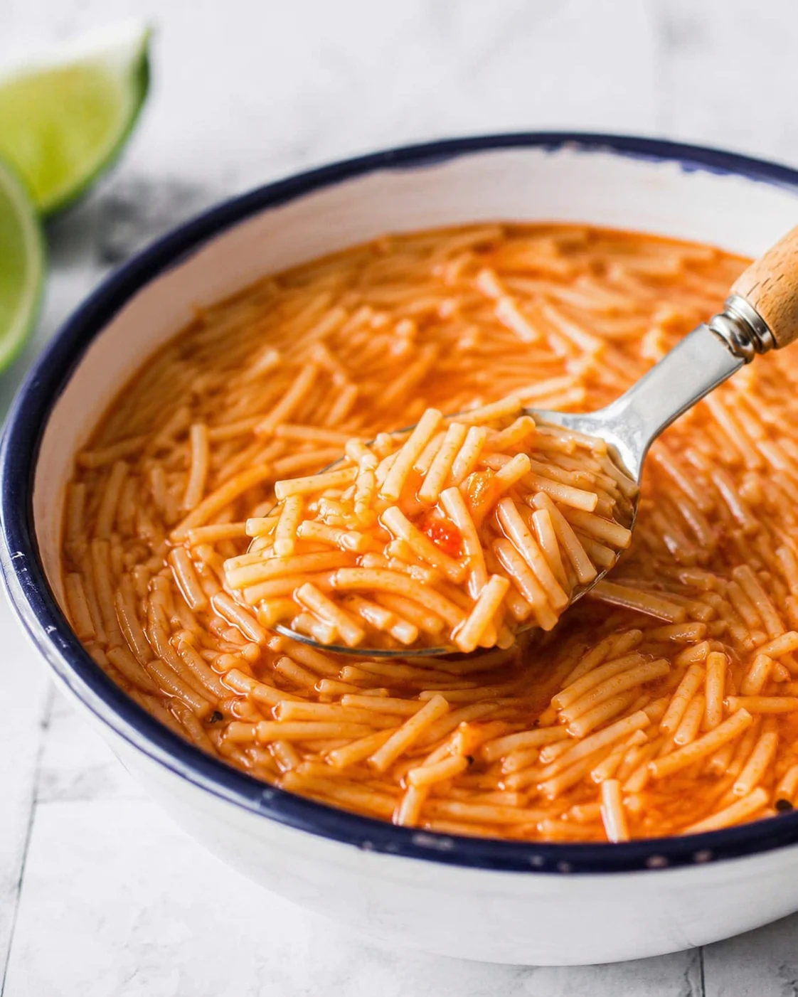 Spoon lifting a spoonful of Mexican fideo soup from a bowl