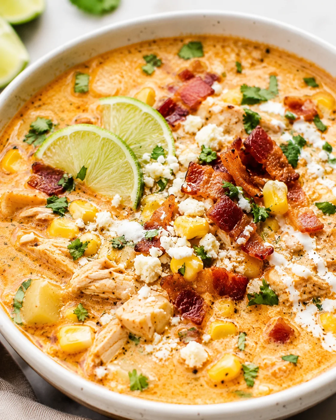 Close-up of Mexican street corn soup showing corn kernels, shredded chicken, bacon pieces, cotija cheese and lime slices