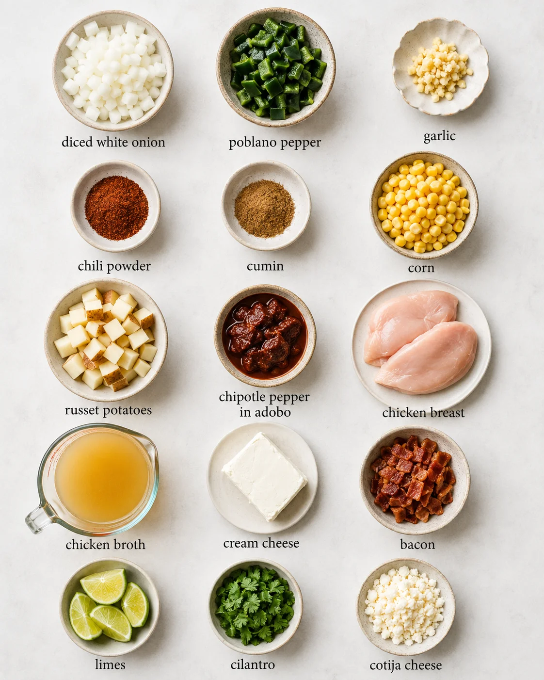 Top-down layout of ingredients for slow cooker Mexican street corn soup arranged in bowls and labeled
