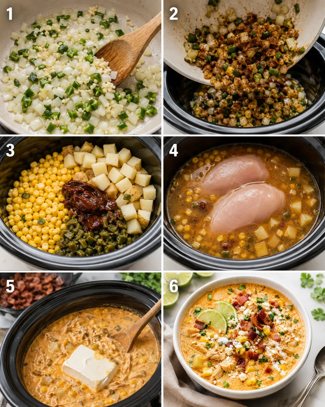 Six-panel step collage showing sautéing onion and pepper, adding spices to slow cooker, ingredients in cooker, raw chicken in broth, cream cheese melting, and a