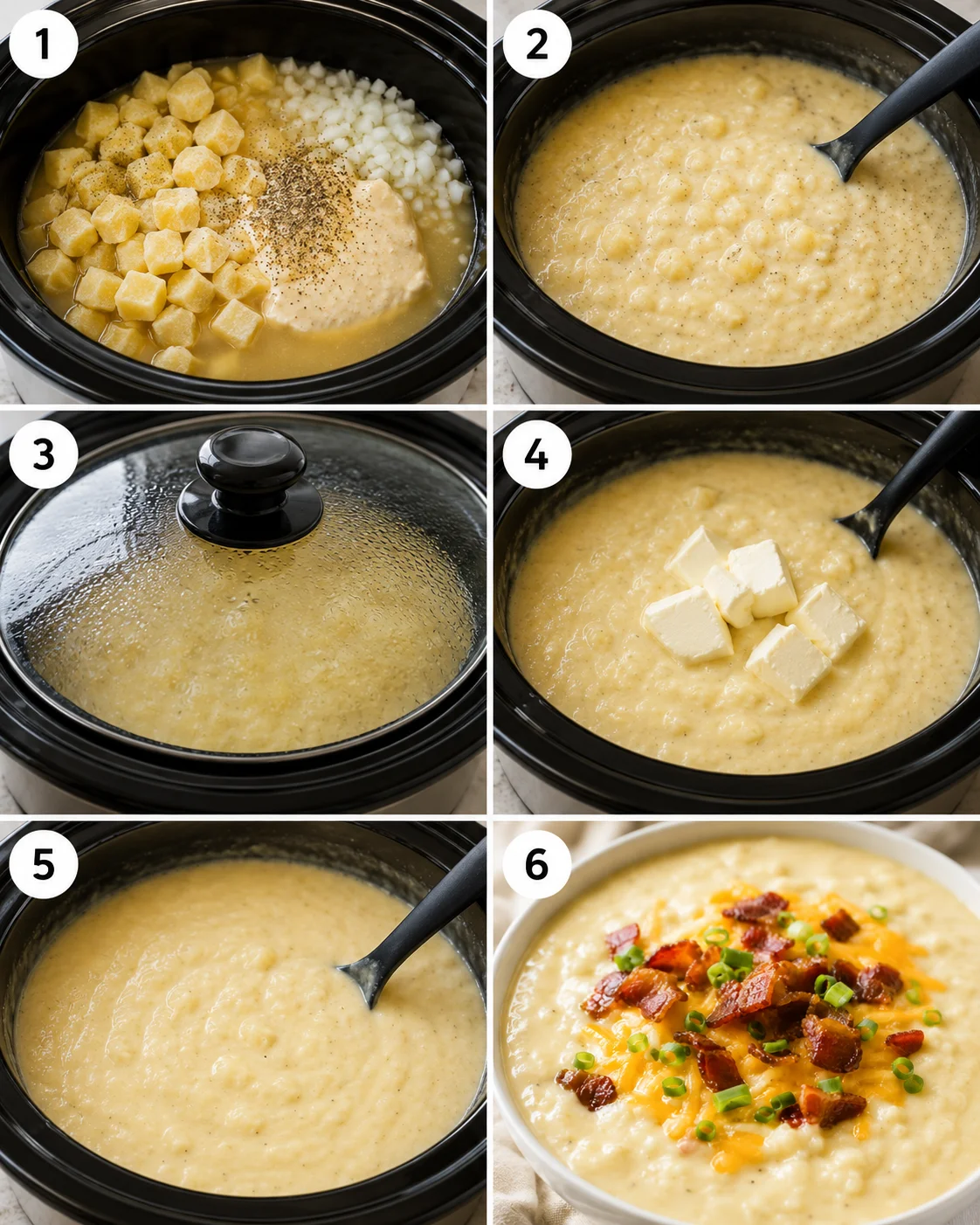 Six-panel step process showing ingredients in the slow cooker, cooking, adding cream cheese, and the finished potato soup