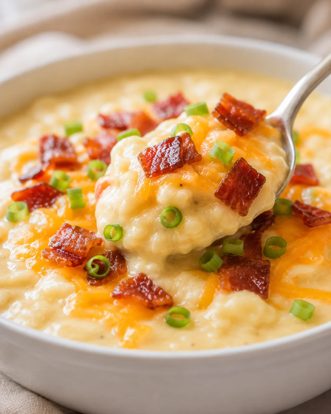 Bowl of potato soup topped with cheddar, bacon, and green onions with a spoonful lifted