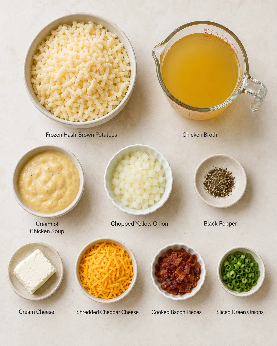 Top-down arrangement of potato soup ingredients including frozen hash browns, chicken broth, cream cheese, shredded cheddar, bacon, and green onions