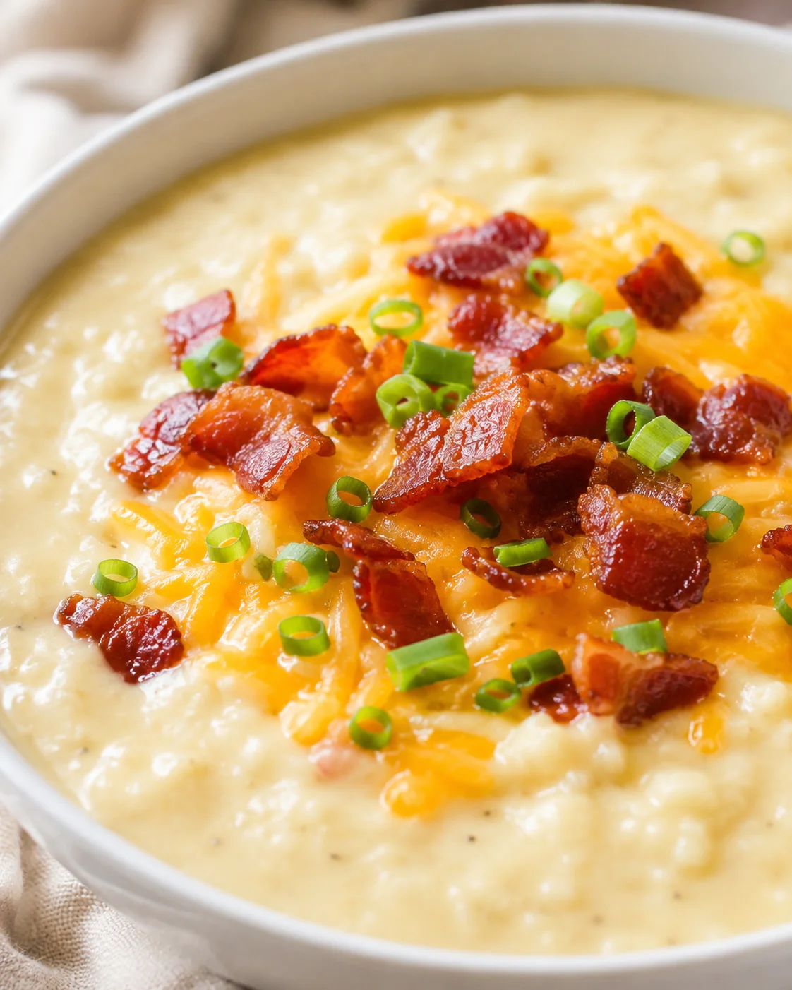Close view of potato soup in a bowl topped with shredded cheddar, crumbled bacon, and chopped green onions