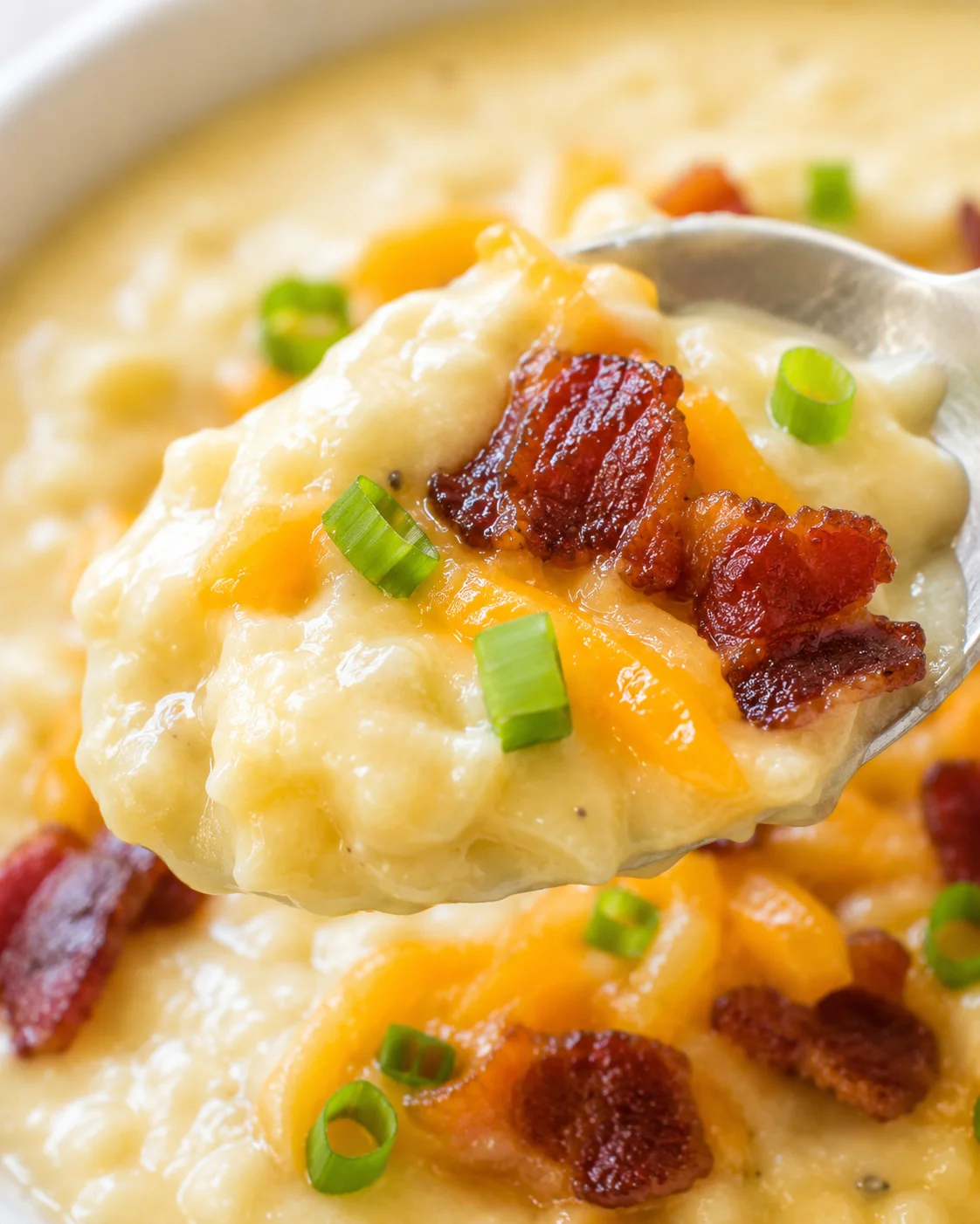 Close-up spoonful showing creamy potato soup texture with bacon and green onion