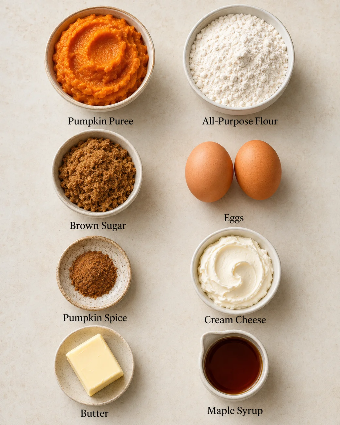 Bowl of pumpkin puree, flour, brown sugar, eggs, spices, butter, and maple syrup for baking