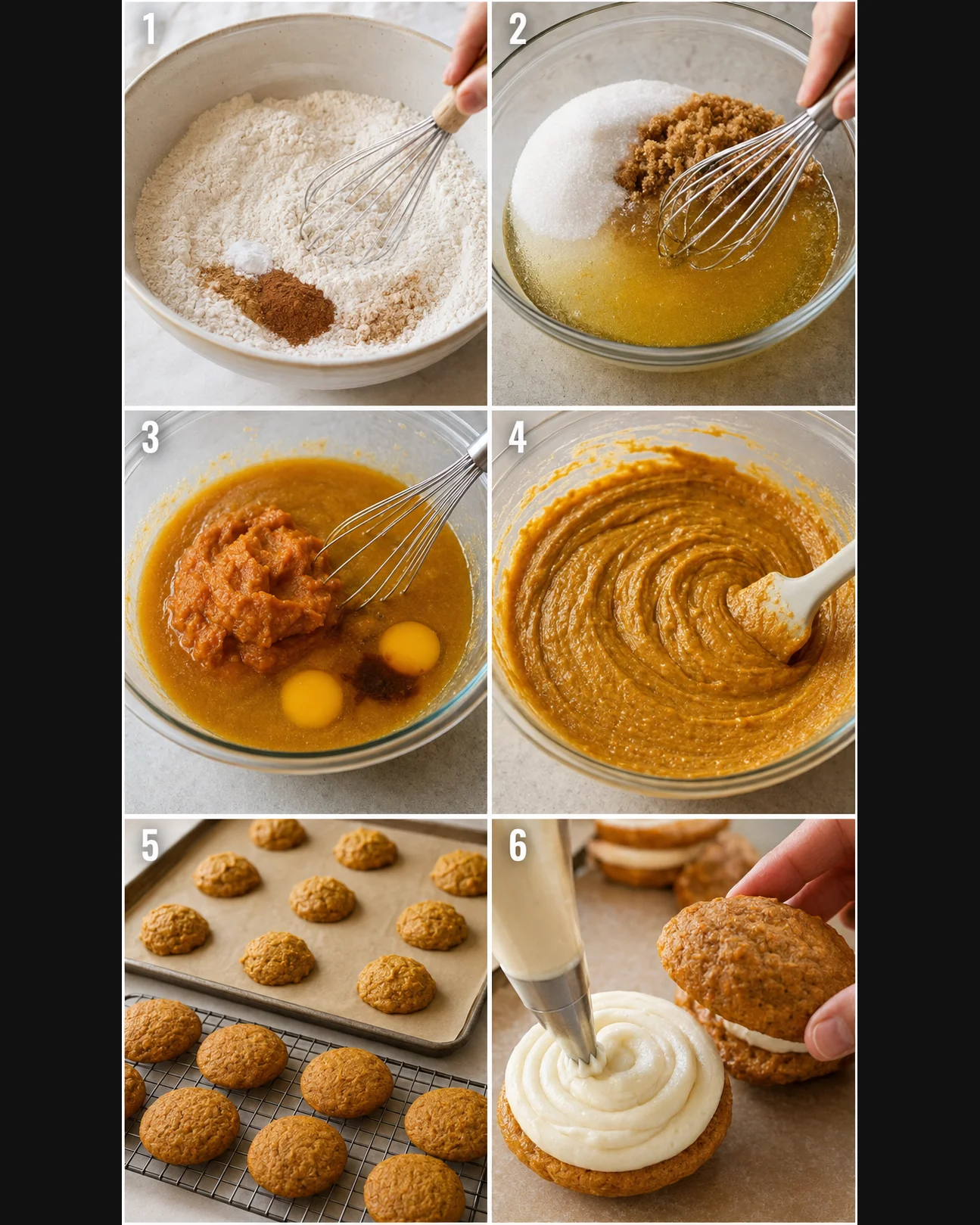 Step-by-step images of making soft pumpkin cookies with cream cheese frosting