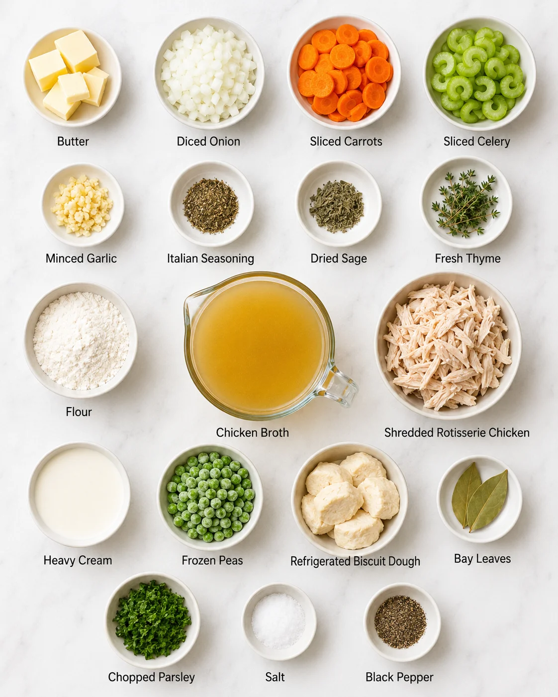 Top-down arrangement of ingredients for rotisserie chicken dumpling soup in bowls on a marble surface.